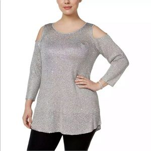 NWT Alfani Silver Sequin Cold-Shoulder Top
